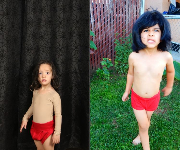 Klä ut dig som Mowgli med korta, röda byxor och en hudfärgad topp