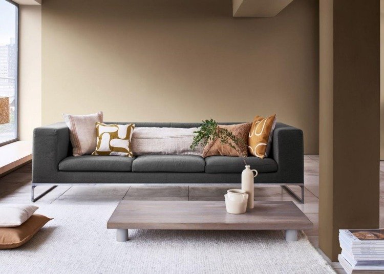 naturlig färgpalett i vardagsrum med soffa och soffbord, modern inredning