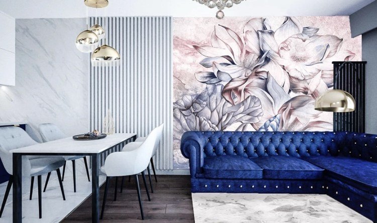 blå chesterfield soffa i xxl version i glamour vardagsrummet