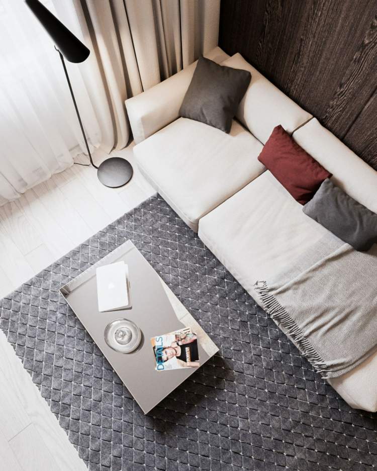 mörk-vägg-panel-trä-matta-grå-mönster-modern-soffbord