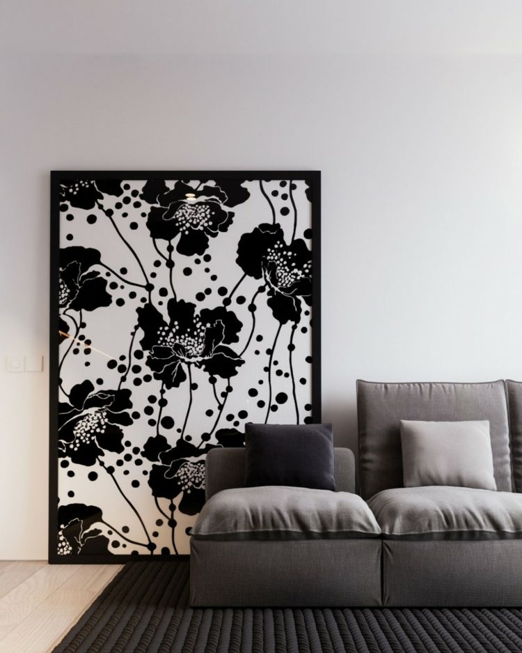 mörk-väggbeklädnad-trä-väggmålning-blommig-motiv-lounge-grå-färg