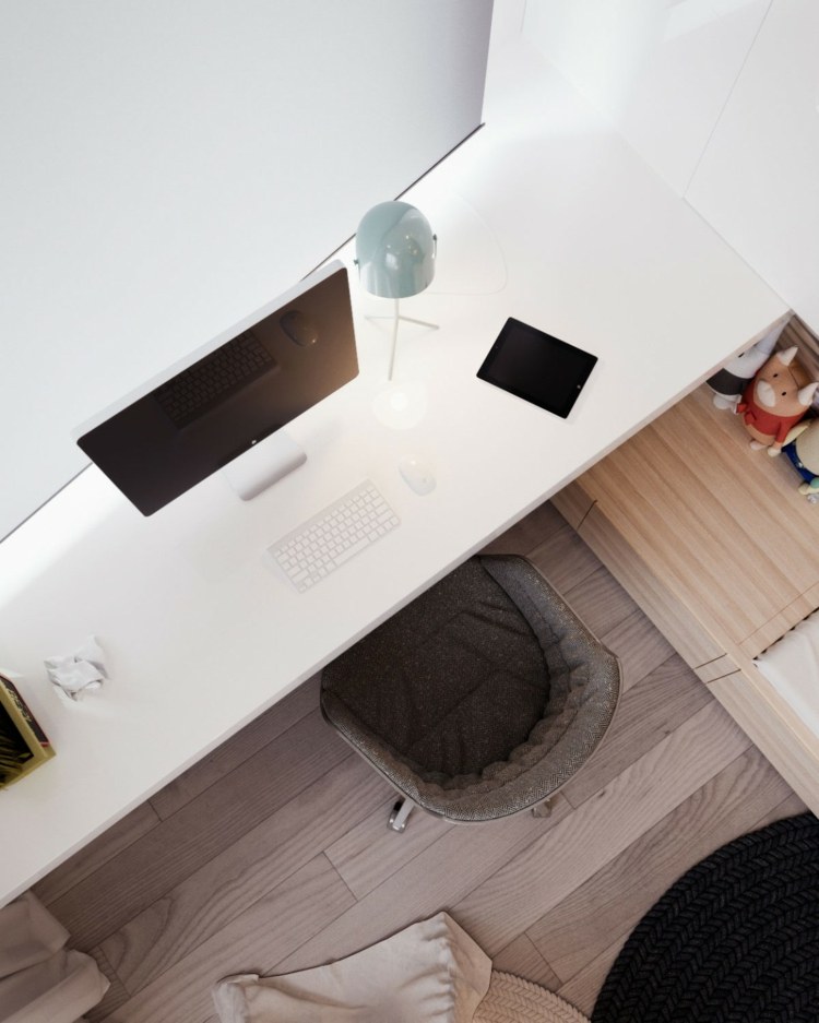 mörk-väggbeklädnad-trä-vitt-skrivbord-minimalistisk-barnrum-idé