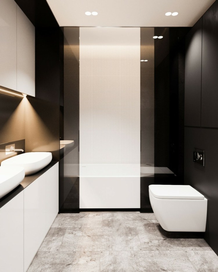 mörk-vägg-beklädnad-trä-svart-vita-kakel-design-toalett