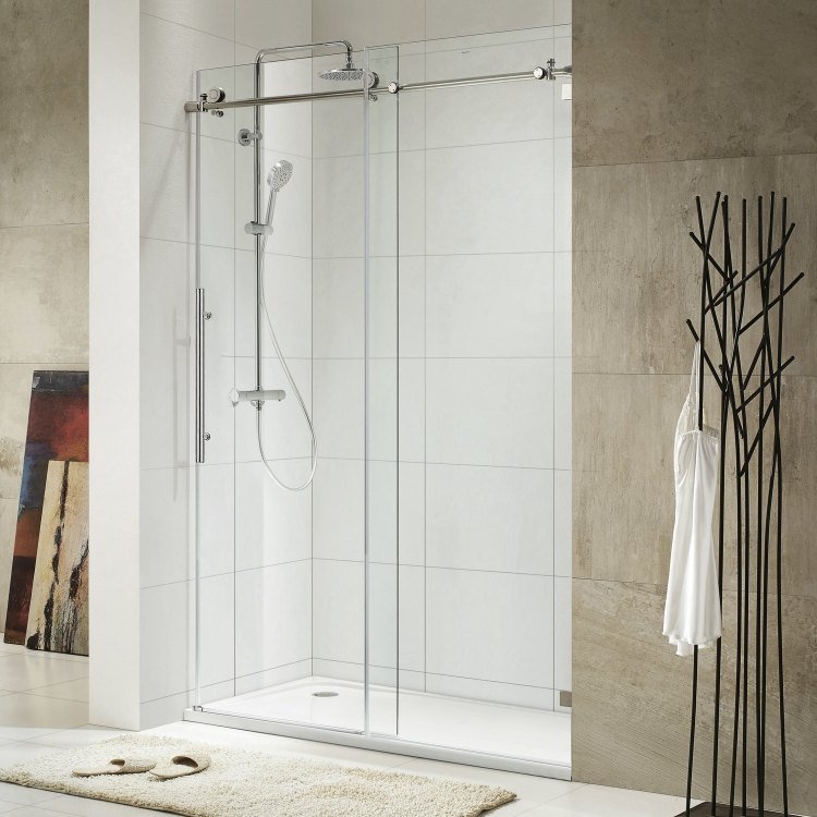 Duschvägg av glas-skjutdörrar-duschkabin-modern-design-beslag-vit-beige-badrum