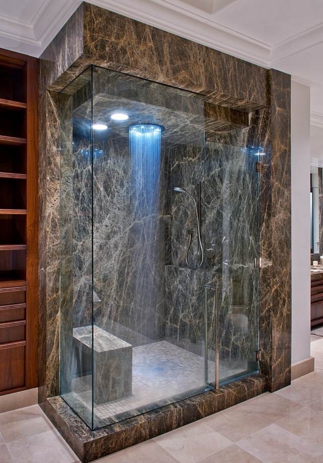 Badrum duschkabin marmor LED -belysning idéer