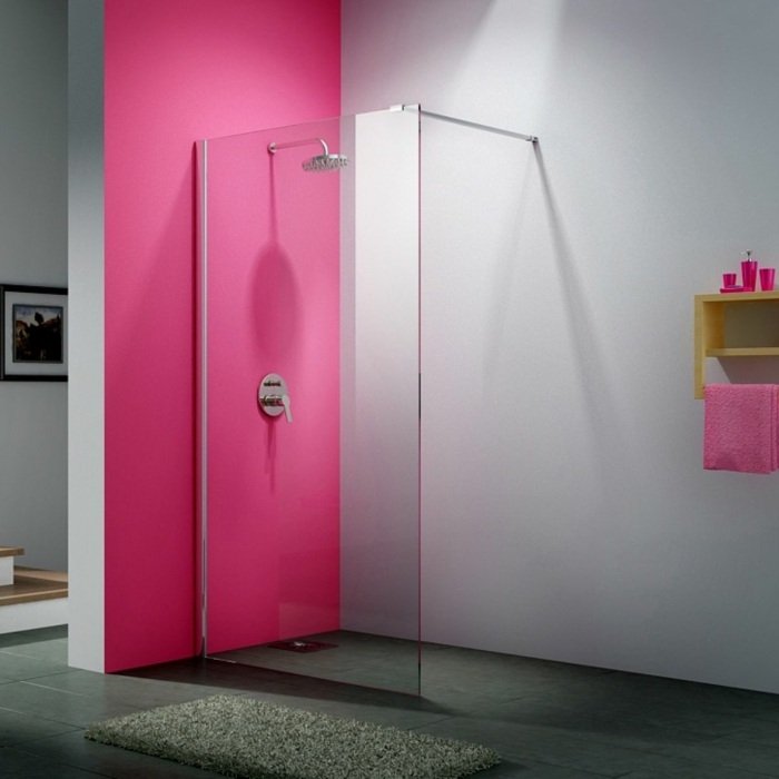 modern duschdesign rosa väggglas grått golv