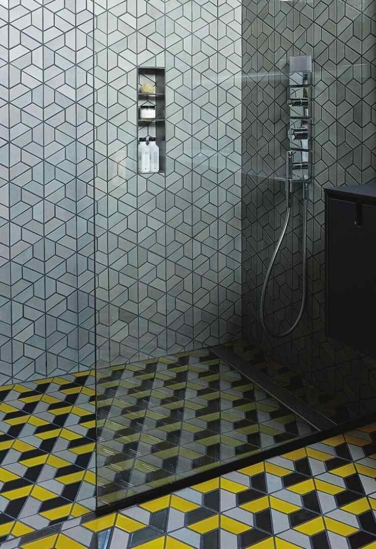 Duschkabin-mönster-struktur-kakel-grå-svart-gul-glas-skiljevägg-väggmontering