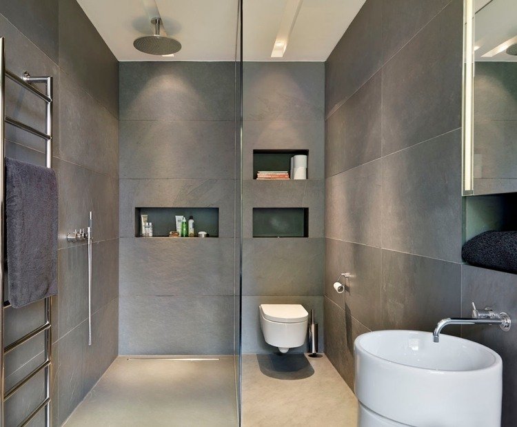 Duschkabin - regndusch - grå - tvättkonsol - vit - toalett - glasvägg