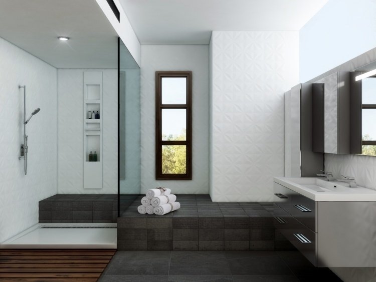 duschkabin-svart-vit-fönster-duschkabinett-glas vägg-handfat-spegel skåp-modern-högglans-kakel-struktur
