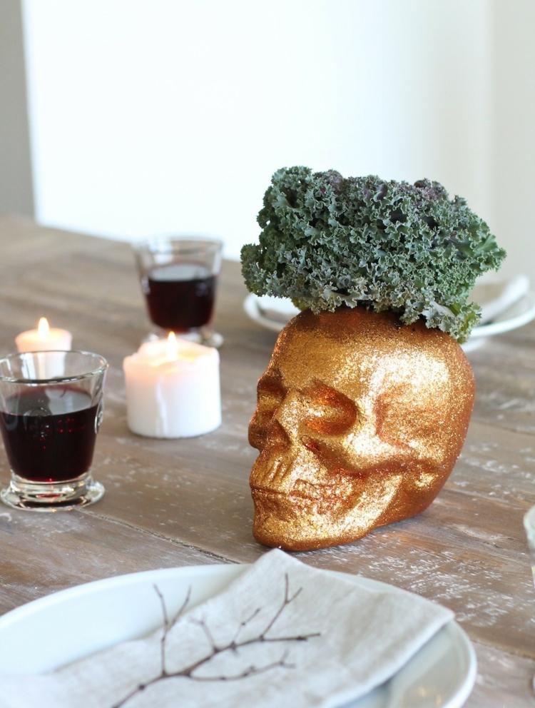 halloween dekoration för bordet skalle guldkål gren tallrik med vin