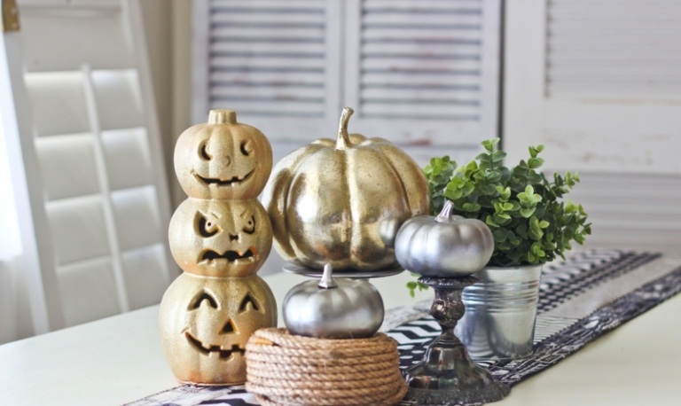 halloween dekoration för bordet glamour lykta pumpa guld silver
