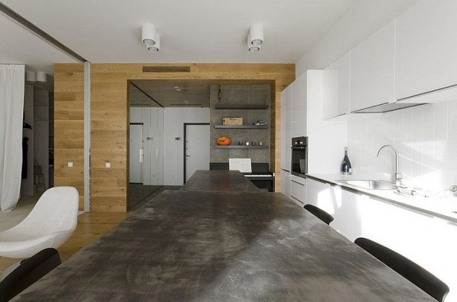 studio lägenhet design kök vit trä väggbeklädnad