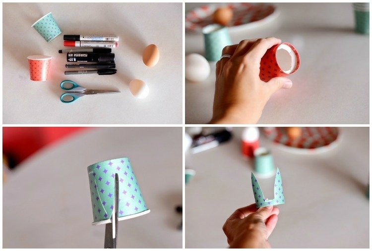Tinker äggkoppar Påskhantverk-instruktioner-material-kartong-engångskoppar-sax-filtpennor-klipp ut kaninöron