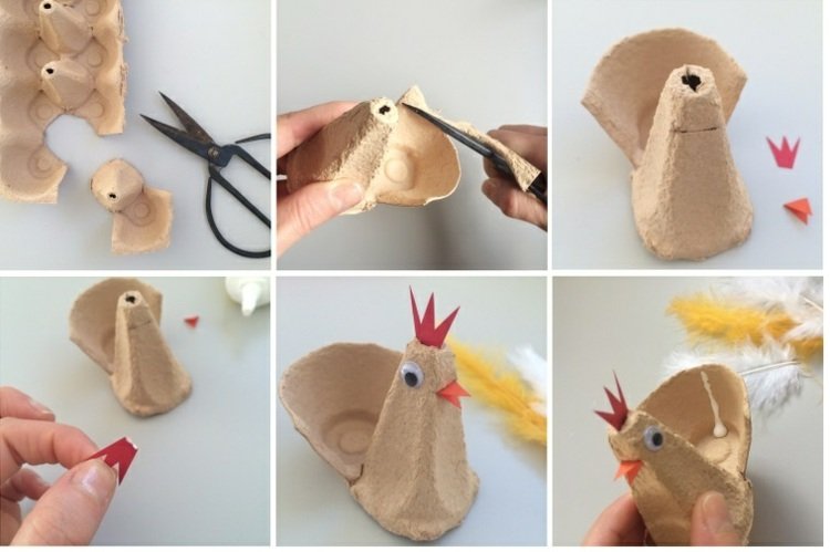 Äggkoppar pysslar påskhantverk-DIY-instruktioner-äggkartong-kyckling-fjäder-sax