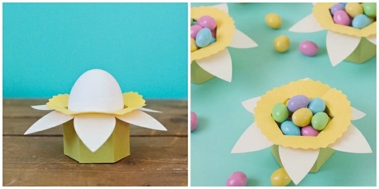 Äggkopp-tinker-påsk-dekoration-gör-det-själv-kartong-gul-vit-påsklilja