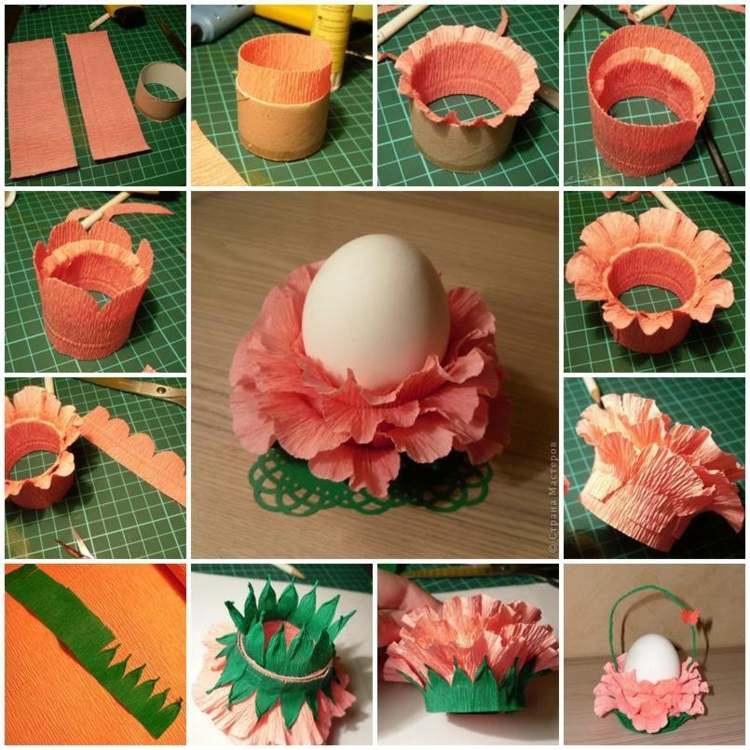 Äggkopp-tinker-påsk-hantverk-instruktioner-blomma-crepe-papper-korall-grön-korg