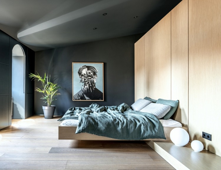 sovrum pushka lägenhet minimalistiskt grått trä