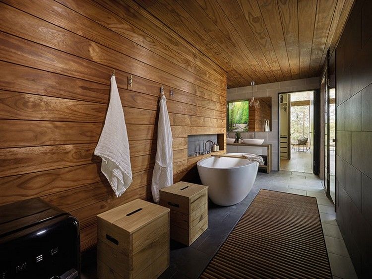 timmerhus ny generation rustikt badrum trä vägg tak