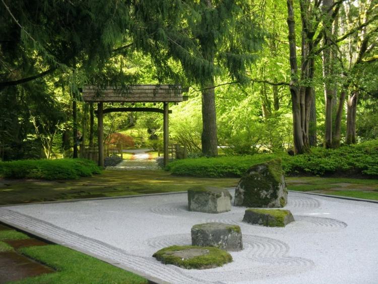 japansk trädgård grus-dekoration-idé-mönster-grind-barr
