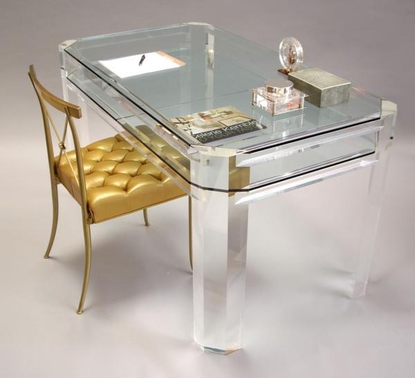 Vintage-skrivbord-lucite-och-glas-gul-stol