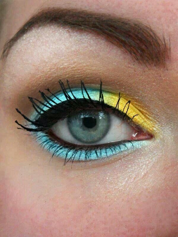 ögonskugga-blå-gul-neon-färg-mascara-svart-kvällsmake-up