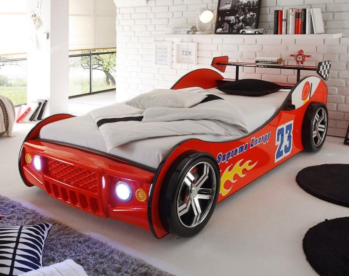Autobett-Energy-racerbil-spjälsäng-bräda-röd-lackerad-belysning