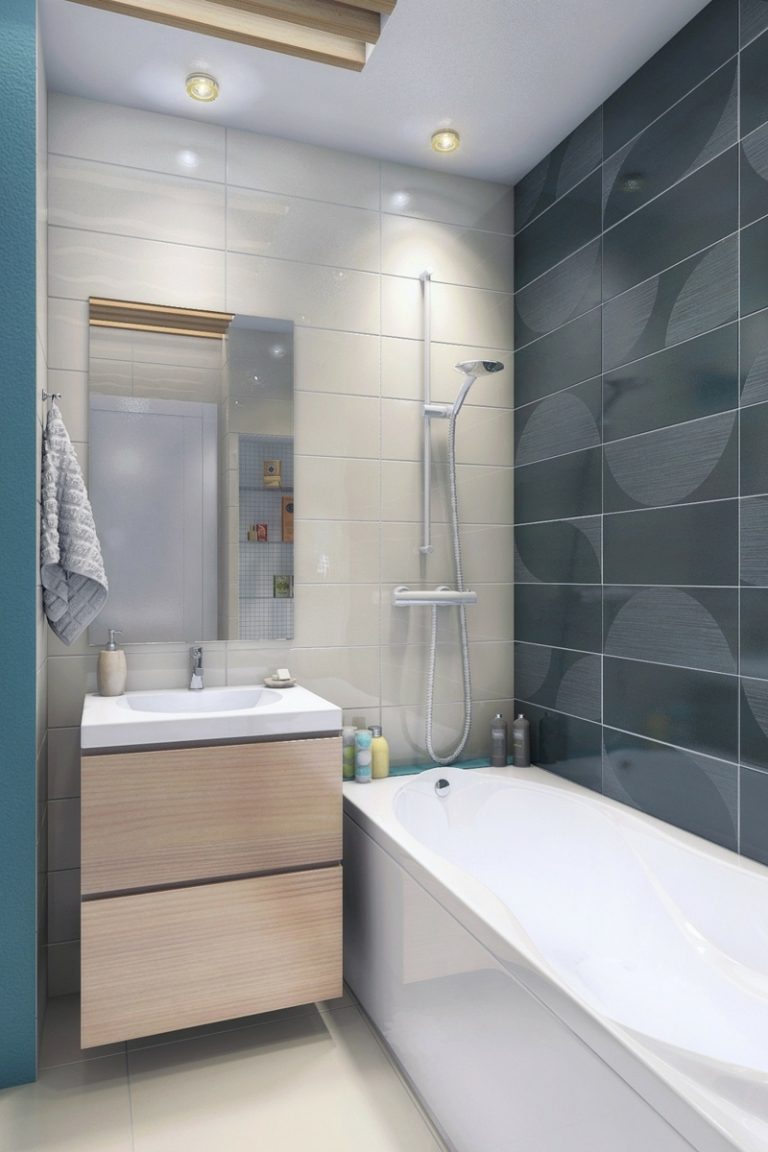 badrum liten design minimalistisk mörkgrå väggplattor ljus trä garderob