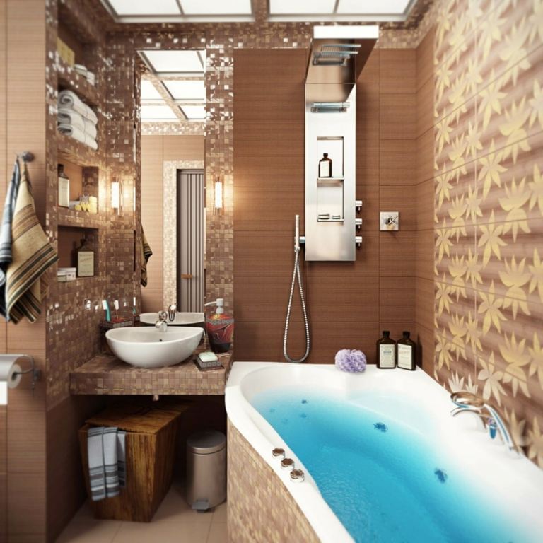 badrum litet mosaikbrunt kakelarkmotiv badkar