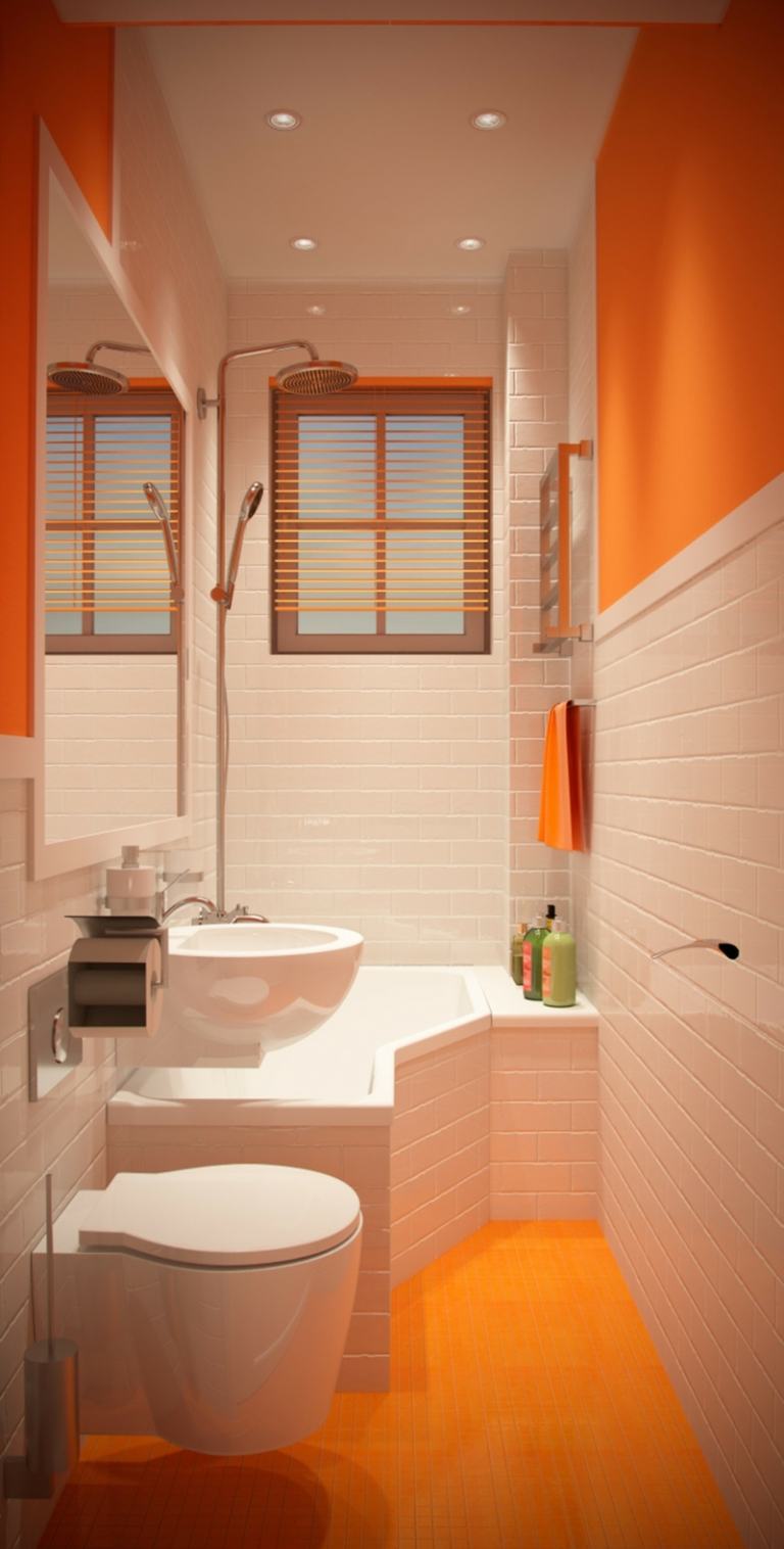 badrum litet original badkar design böjd orange vit kakel kombination