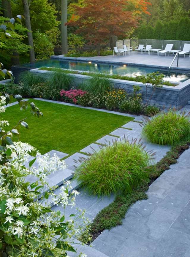 modernt hus kanada pool bakgård perenner gräsmatta landskap