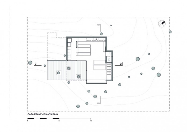 modernt hus av glas och trä arkitektonisk plan