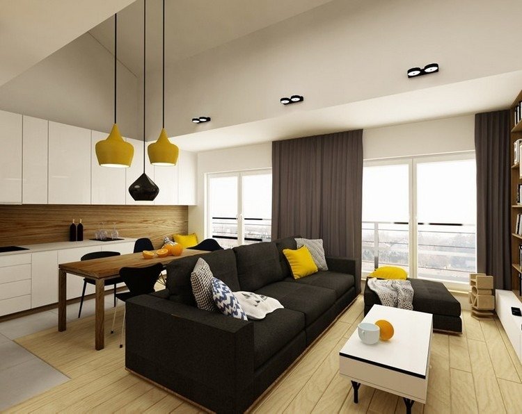 modernt vardagsrum-soffa-svart-ljusare-trägolv-vitt-kök-gula-accenter