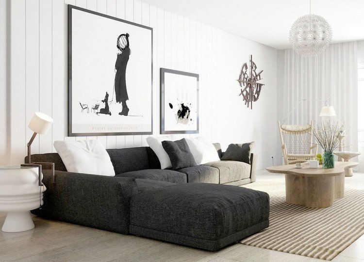 modernt vardagsrum-soffa-mörkgrå-kakel-trä-look-trä-soffbord-vägg-design-vit