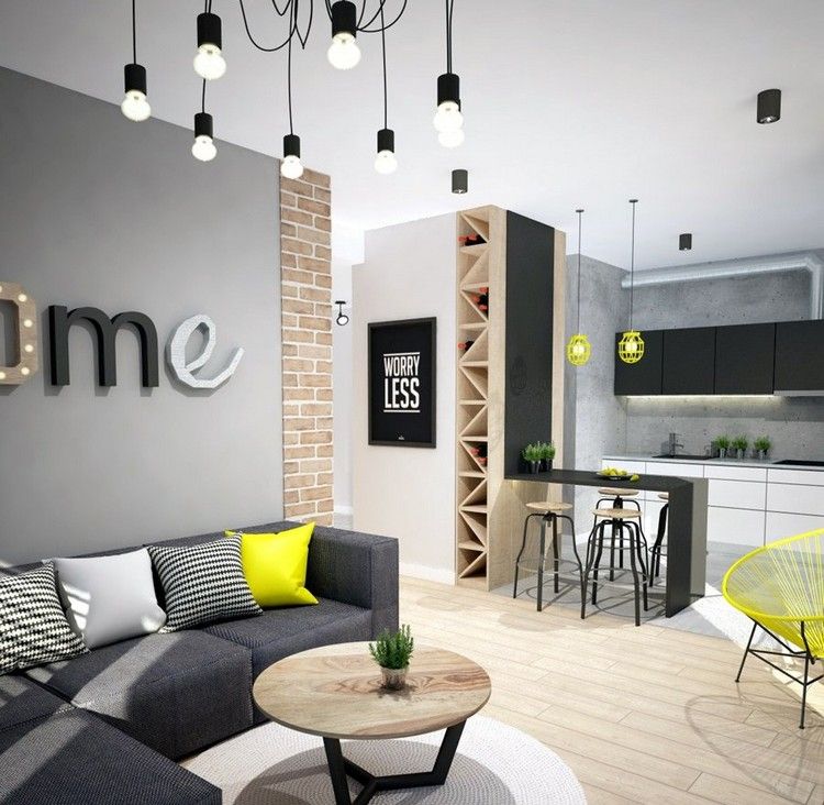 modernt vardagsrum-soffa-antracit-grå-vägg-färg-gul-accenter-ljust trä