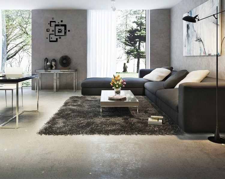 modernt vardagsrum-soffa-grå-vit-kuddar-soffbord-högblank-shaggy-matta