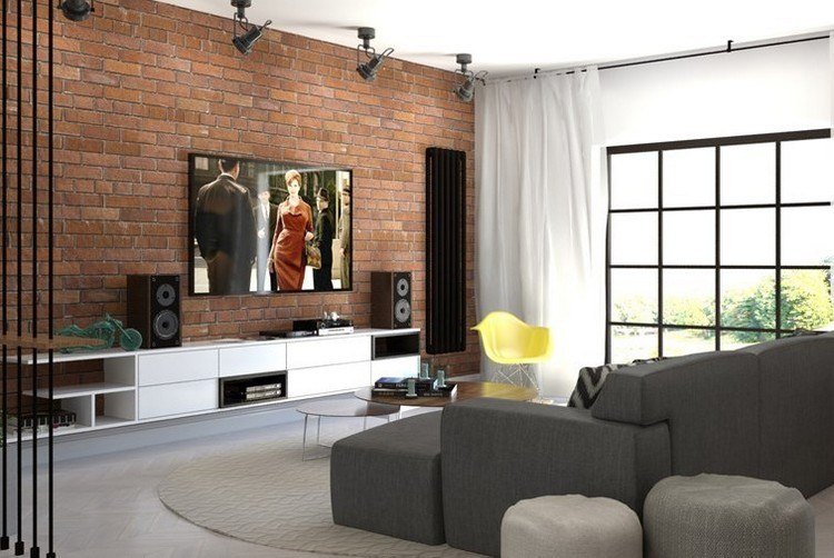 modernt vardagsrum-soffa-grå-röd-tegel-vägg-vit-skänk