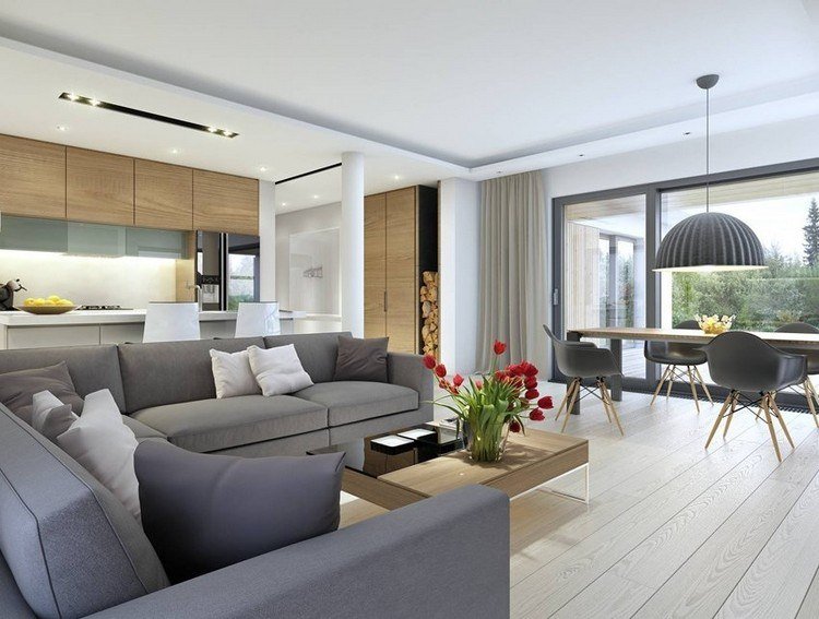 modernt-vardagsrum-soffa-grå-ljusare-trä golv-trä soffbord