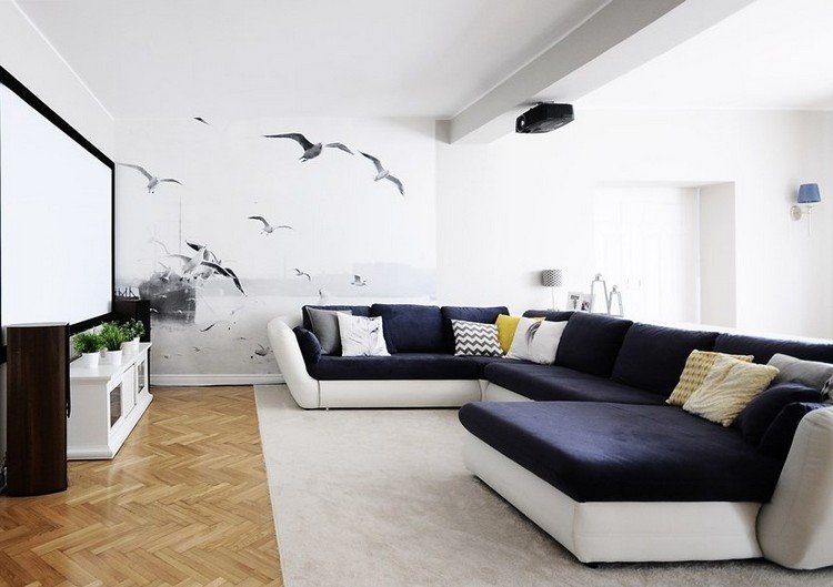 modernt vardagsrum-soffa-mörkblått-parkettgolv-fototapet-svart-vitt