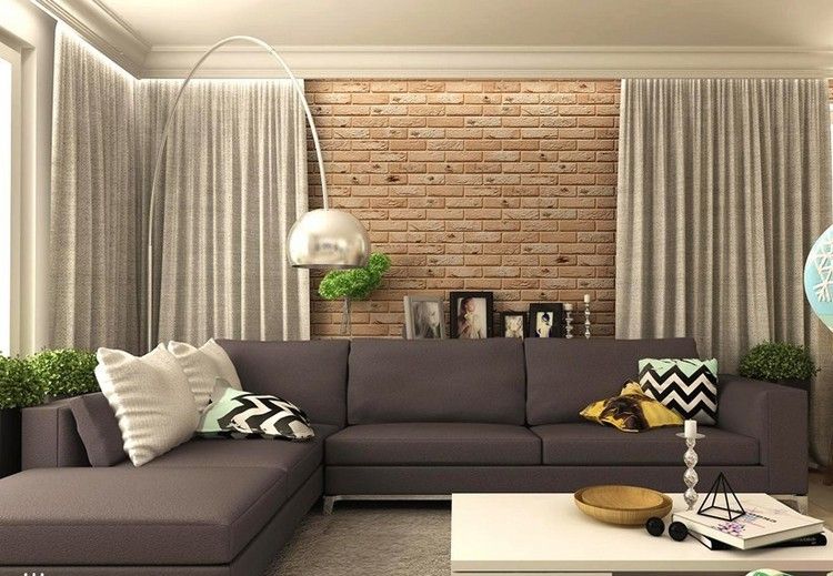 modernt vardagsrum-hörn-soffa-vägg-design-tegel-ser-grå-gardin-golvlampa