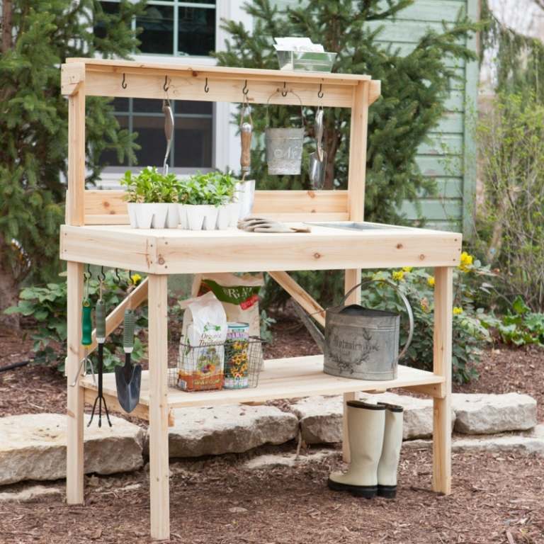 Planteringsbord för trädgården krok idé förvaringsutrymme trä vattenburk