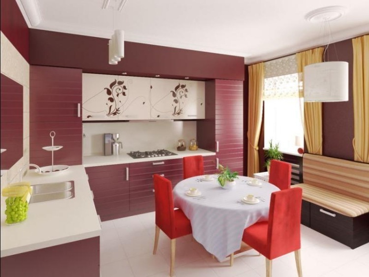 kuechengeatsltung-vinröd-röd-skåp-fronter-blommig-dekorationer-matbord-runt-center