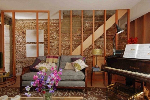 hus london rustika moderna element vardagsrum trätrappor tegelvägg