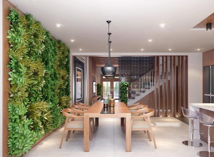 Vertikal trädgård -öppet-kök-vägg-design-modern-matbord-stolar-trä-pall