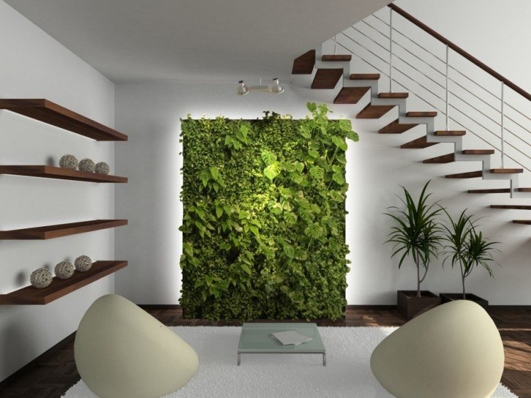 vertikal-trädgård-interiör-trappor-modern-sfär-fåtölj-grädde-vita-vägg-hyllor-soffbord