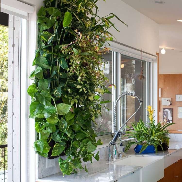 vertikal-trädgård-kök-inredning-fönster-handfat-marmor-topp-trä-vit