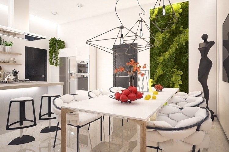 vertikal-trädgård-vit-modern-lampor-konstruktion-staty-matbord-kök kökspall-stolar