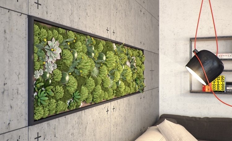 vertikal-trädgård-vägg-design-saftiga-betong-vägg-spotlights-industriell-stil-soffa-kudde-vägg-hyllor