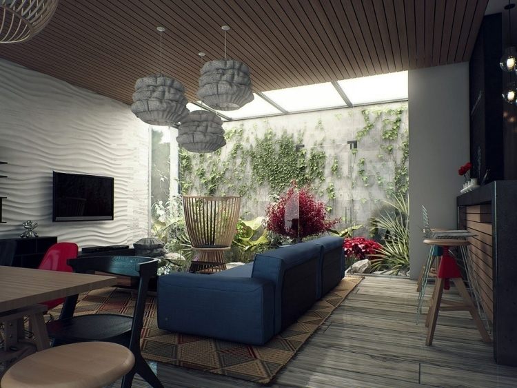 vertikal-trädgård-vardagsrum-modern-interiör-soffa-mörkblå-interiör-trädgård-taklampor-trä tak-vägg design