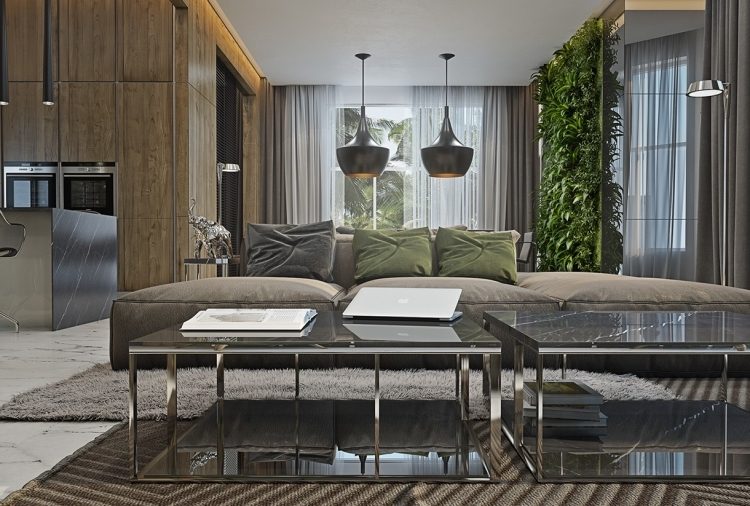 vertikal-trädgård-vardagsrum-hängande-lampor-svart-grå-antracit-väggbeklädnad-gardin-matta