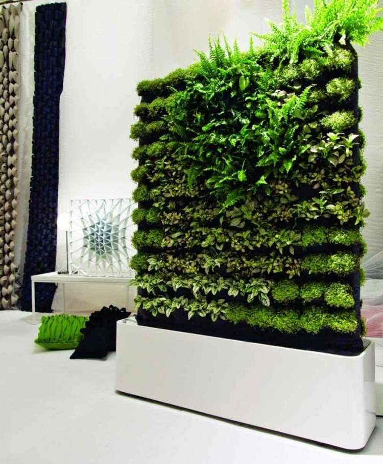 vertikal-trädgård-modern-konsol-vita-växter-brun-rum-avdelare-kudde